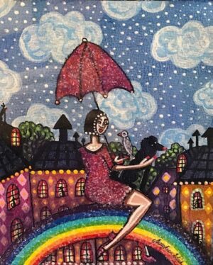 Angelica Wiik - Regnbågsparaply köpa konst akrylmålning.