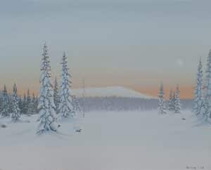 Peter Selling - Snöbetäckt granskog i månljus köpa konst oljemålning.